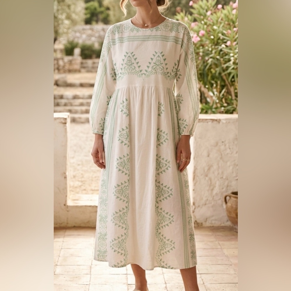 Refka Casual White Green Embroidered Cotton‎ Maxi Dress Size 6 Boho Modest